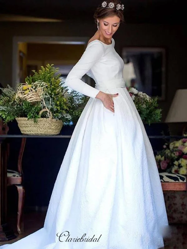 Chic Women's Attire Graceful Cut Long Sleeves Satin Wedding Dresses, A-line Wedding Dresses