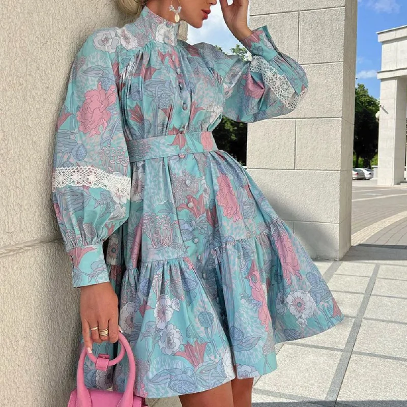 Stylish And Comfortable Clothing For Women Charming Silhouette Long Sleeve High Neck Swing Print Dress