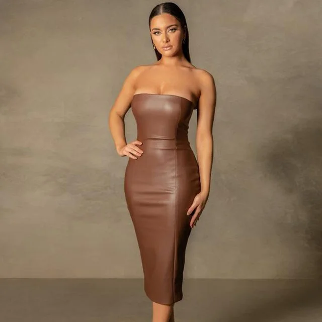 Women's Stylish Outdoor Outfit Casual Weekend Relaxed Style JuliaFashion - 2024 Strapless Stretch PU Bodycon Midi Dress