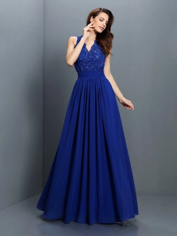 Women's Everyday Garments Classic Charm A-Line/Princess V-neck Applique Sleeveless Long Chiffon Bridesmaid Dresses