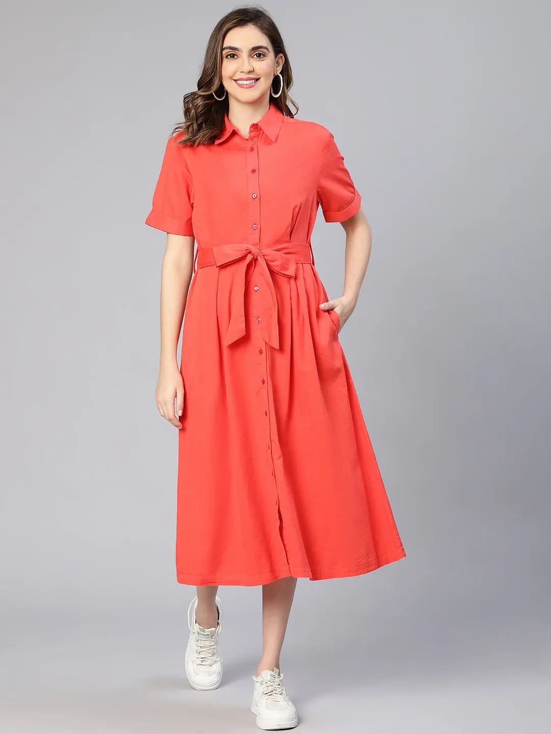 Women's Clothing For Holiday Travel Elegant Details Dollish Red Button -Down Women Cotton Shirt Dress