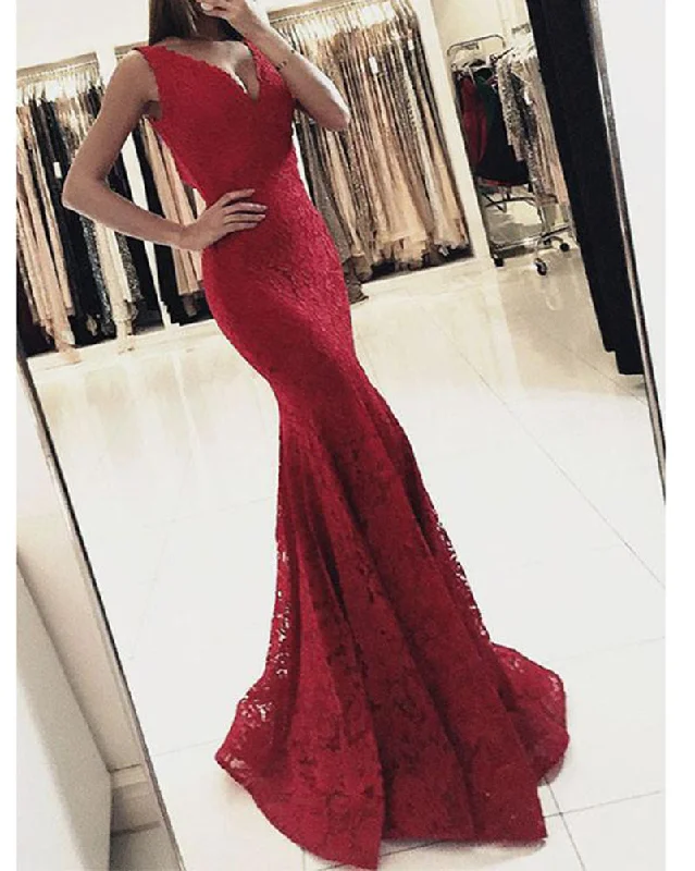 Timeless Women's Clothes Boho - Chic Festival - Ready Style Red/navy Mermaid V Neck Lace Prom Dresses ,Long Formal Gowns PL213