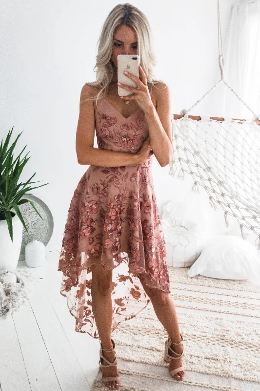 Affordable Women's Outfit Chic Allure Saskia High Low Dress - Embroidery Rose