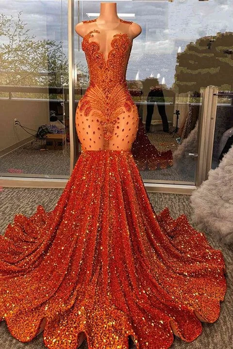 Formal Outfit For Women Alluring Design Glamorous Burnt Orange Scoop Sleeveless Mermaid Formal Dresses With Sequins Beadings