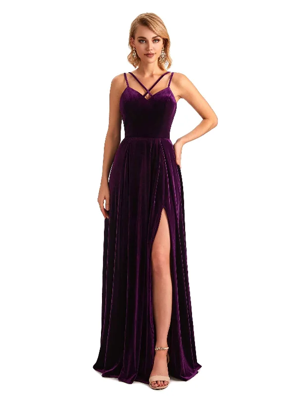 Comfortable Lounge Clothing Feminine Elegant Sexy Side Slit Spaghetti Straps Unique  Velvet Long Bridesmaid Dresses Online