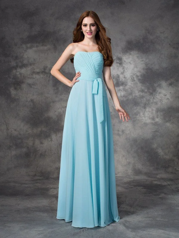 Women's Elegant Formal Outfit Classic Timeless Elegant Style A-line/Princess Strapless Ruched Sleeveless Long Chiffon Bridesmaid Dresses