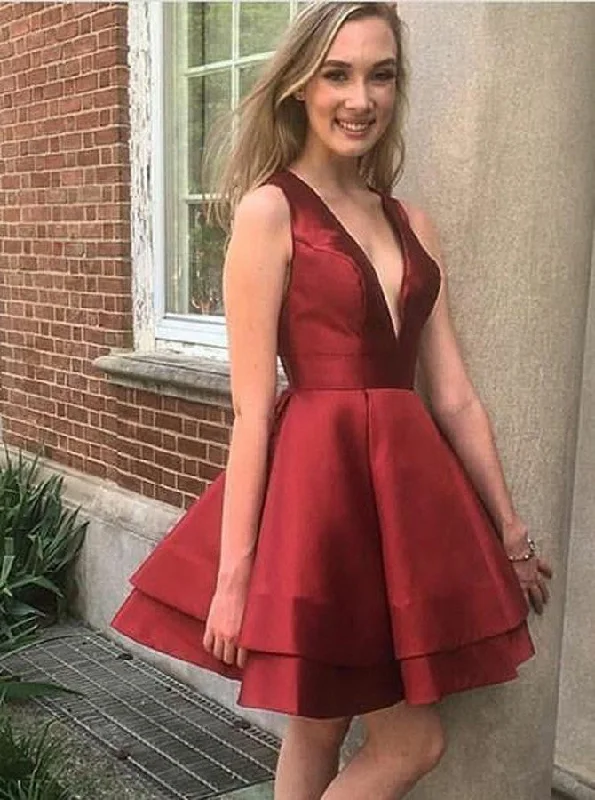 Women's Clothing For Casual Outings Great Deals on Ethnic Cultural Wear Sexy Burgundy A-Line Plunging Neckline Layers Satin Short Prom Dress OC133