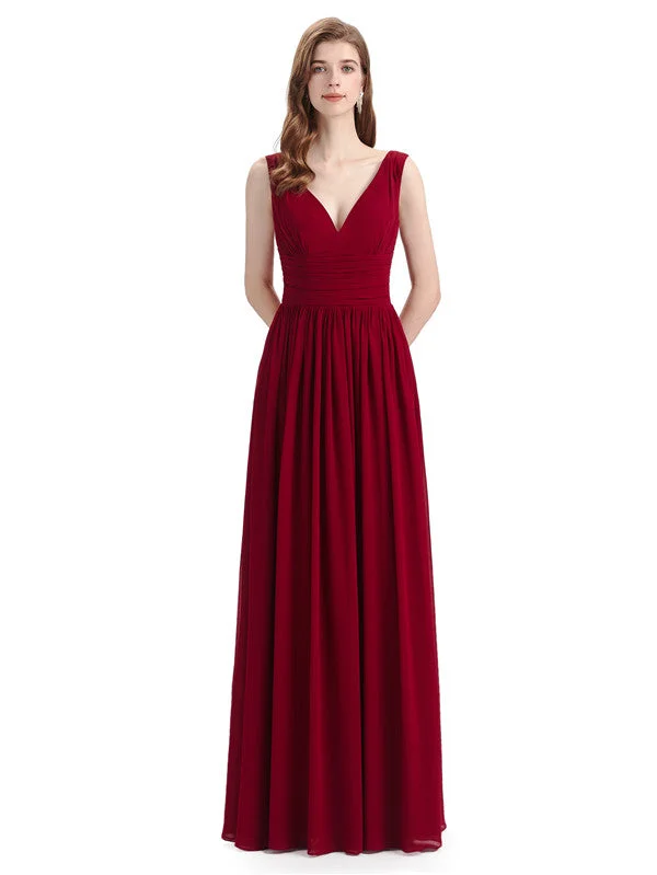 Elegant Women's Attire Seasonal Trend Simple Spaghetti Straps Chiffon A-line Sleeveless Floor-Length Bridesmaid Dresses