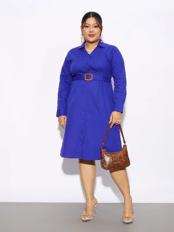 Women's High-Fashion Garments Coastal Beach - Inspired Style Women Royal Blue Poplin Belted Shirt Dress