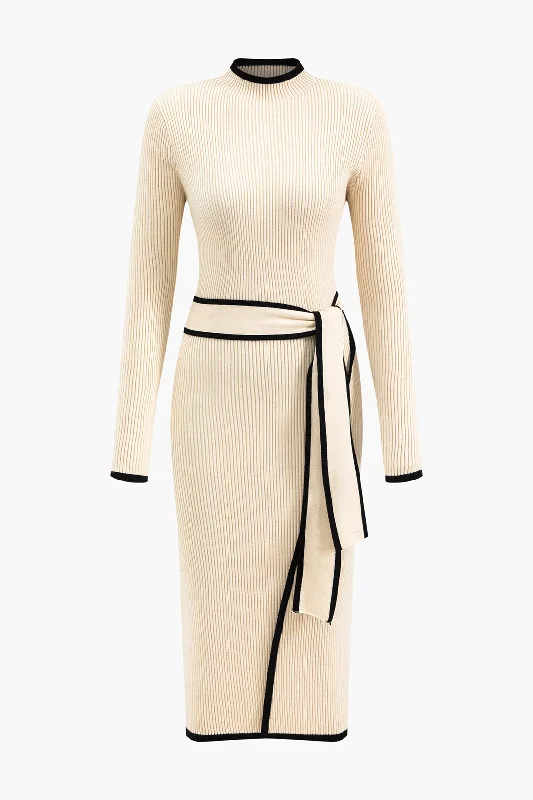 Women's Vacation Outfit Lightweight Fabric Contrast Knit Tie-Up Long Sleeve Dress