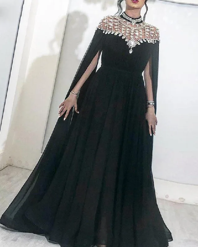 Casual Apparel For Women Big Savings on Minimalist Office Styles Sparkly Black Evening Dresses High Neck Caped Crystals Chiffon Dubai Kftan Saudi Arabic Long Evening Gown Prom Dress PL012241