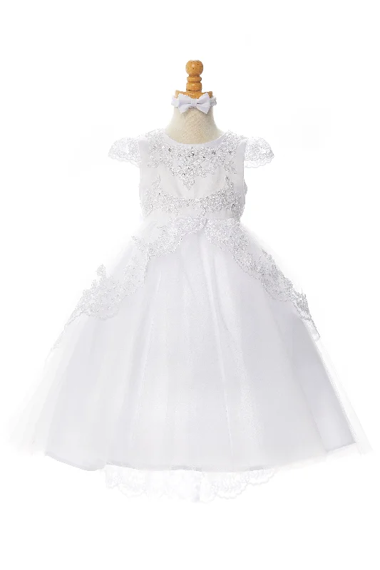 Women's Transitional Garments Subtle Sophistication Big Girls White Sequin Beaded Lace Cap Sleeves Satin Communion Dress 7-16