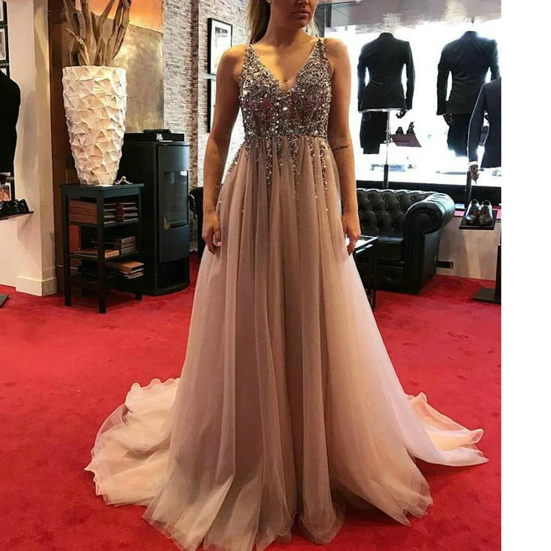 Women's Occasion Wear Clothing Casual Elegance Siaoryne V Neck Champagne Crystal Beaded Prom Dresses 2018 Spring Evening Party Gowns Long