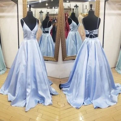 Affordable Women's Clothes Sophisticated Cut A-line Blue Satin Long Prom Dress with Lace Up Back  cg8671