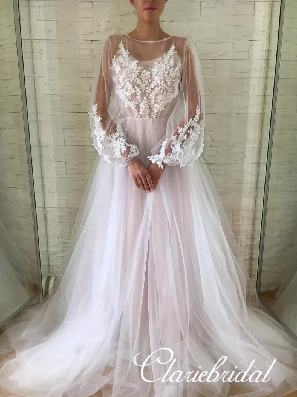 Women's Vintage-Inspired Outfit Formal Outfit Long Sleeves Lace Tulle Boho Long Wedding Dresses