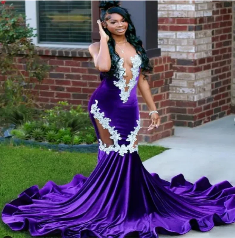 Charming Women's Outfit For Special Occasions Boho Chic New Purple Mermaid Velvet Prom Dress Lace Appliques Sheer O-Neck Sleeveless Formal Evening Dress Custom Floor-Length Party Dress