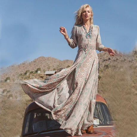 Sustainable Fashion Clothing For Women Bold Patterns Bohemian Printed Fringed Long Sleeve Dress