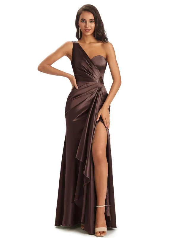 Women's Garments Seasonal Trend Floor-Length Soft Satin Side Slit One Shoulder Sexy Mermaid Bridesmaid Dresses Online In Stock