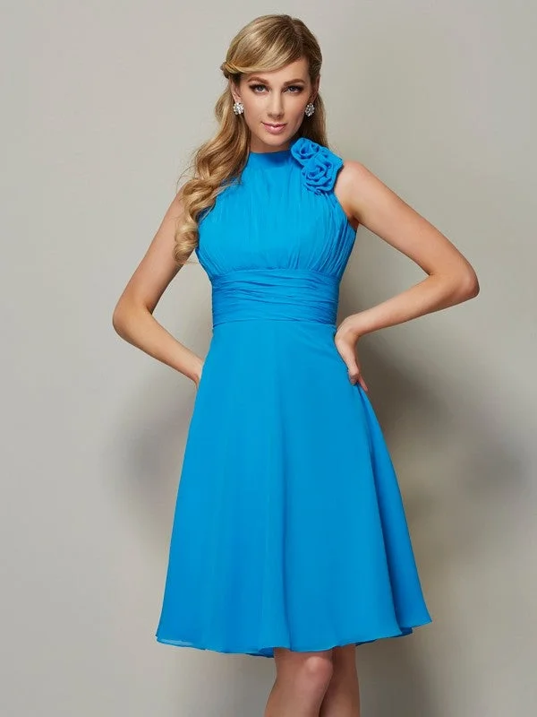 Women's Chic Outerwear Attire Flowing Silhouette A-Line/Princess High Neck Sleeveless Pleats Short Chiffon Bridesmaid Dresses