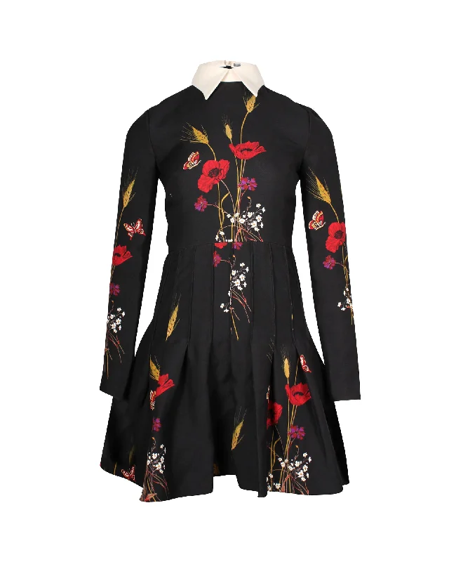 Women's Clothing For Travel Limited - Stock Valentino Garavani Collared Long Sleeve Mini Dress in Floral Print Black Wool