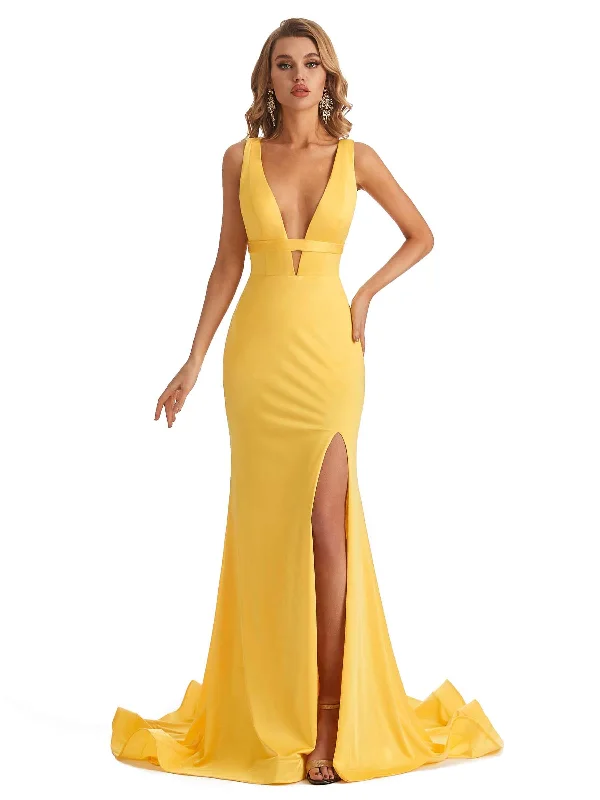 Affordable Luxury Women's Apparel Effortless Style Sexy Mermaid Deep V-neck Side Slit Stretchy Jersey Long Formal Bridesmaid Dresses