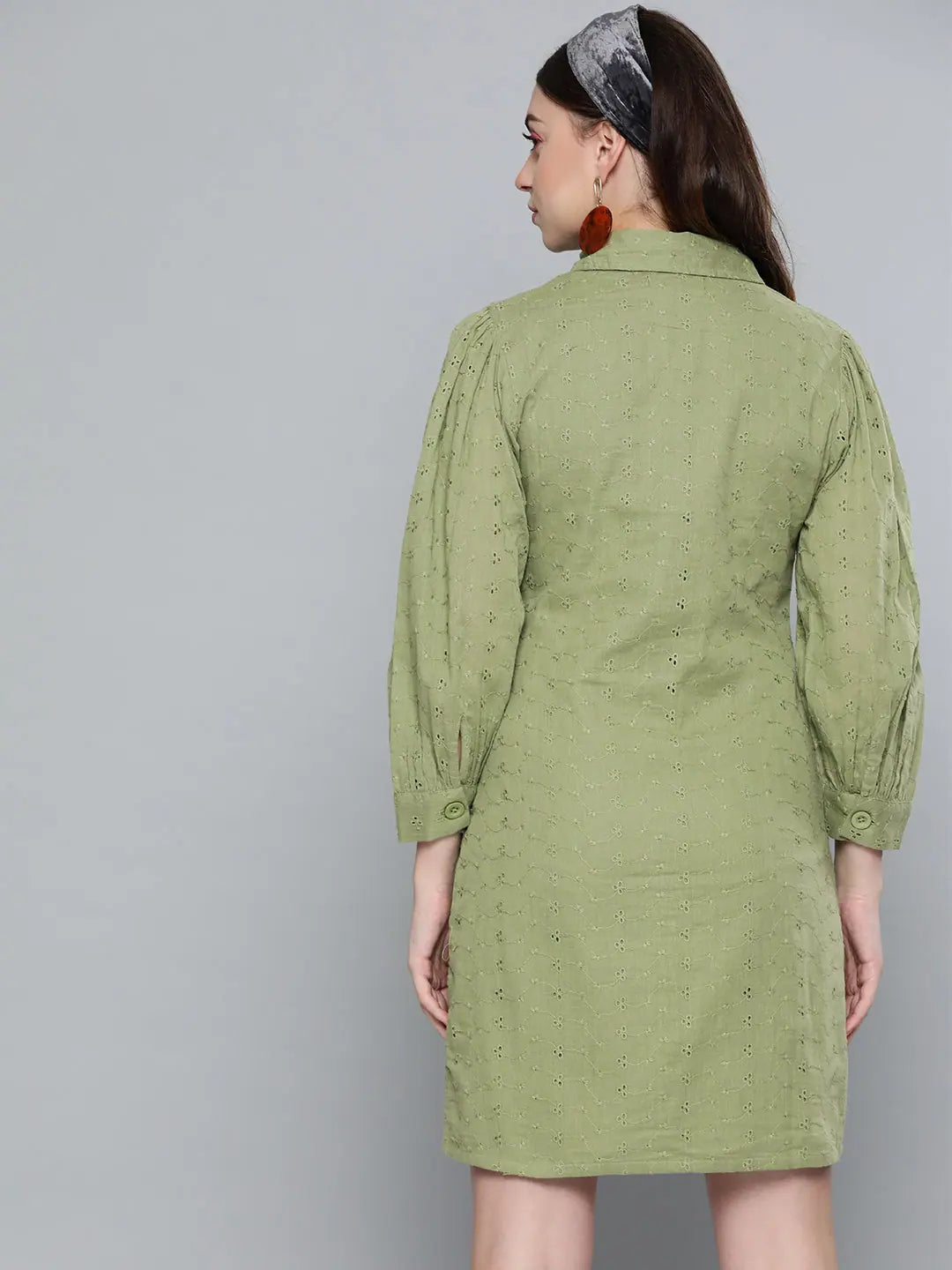 Women's Seasonal Wardrobe Clothing Feminine Charm Olive Schiffli Shirt Dress