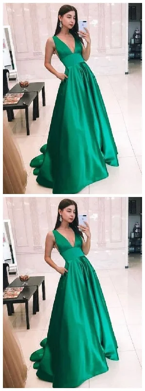 Casual Apparel For Women Vintage Look Green v neck satin long prom dress, simple evening dress  cg9581