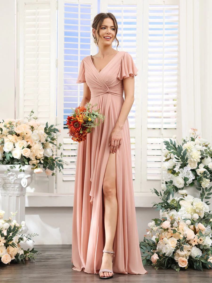 Women's Everyday Apparel Contemporary Chic A-Line V-Neck Short Sleeves Split Side Chiffon Bridesmaid Dresses