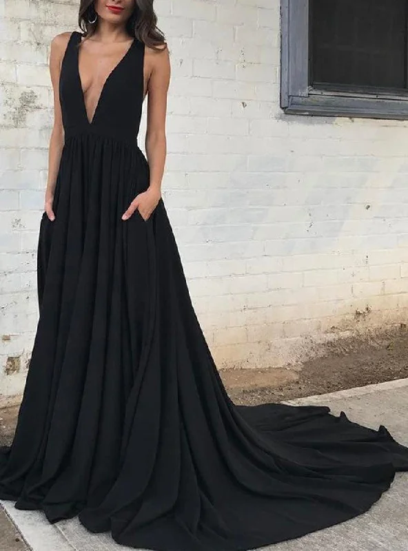 Vintage Clothing For Women Feminine Soft - Hued Look Women Simple V-Neck Prom Dresses Long Black Evening Gowns Formal Party Dress YPD340