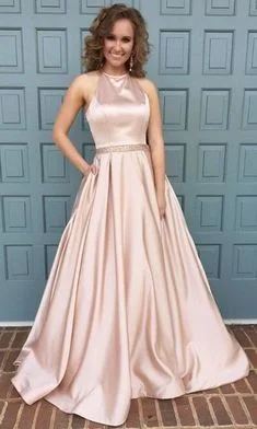 Tailored Clothing For Women Modern Romance halter neck long satin pink prom dress,ball gowns prom dress,satin gowns,long prom dresses  cg7120