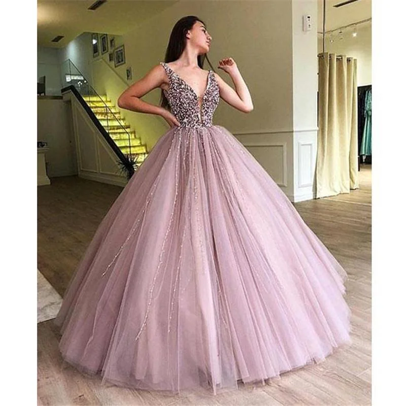 Affordable Women's Clothing Romantic Date - Night Ensemble Ball Gown Prom Dress with Lace Beading Sexy V Neck women Formal Gown 2019 PL3285