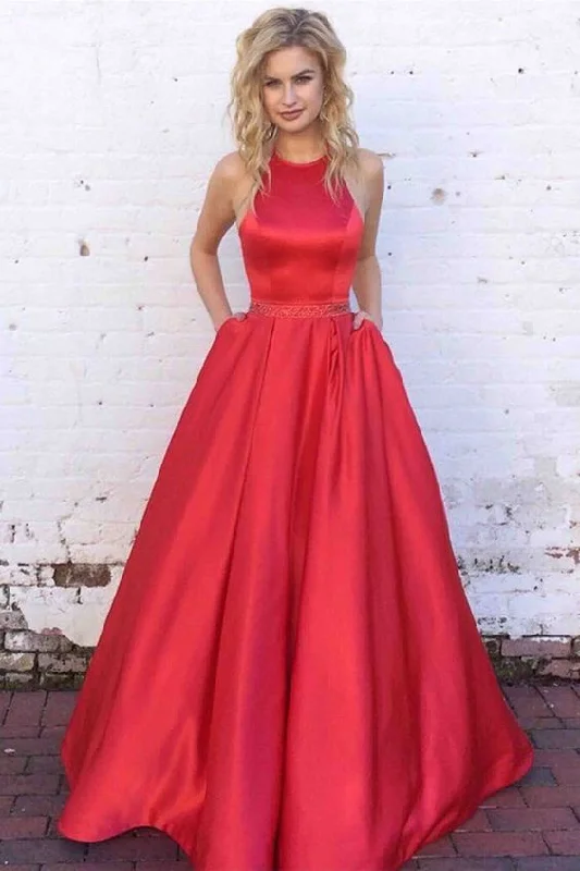 Women's Clothes For Work Events Coastal Beach - Inspired Style Red satin round neck A-line long prom dress,simple dress from Sweetheart Dress  cg8117