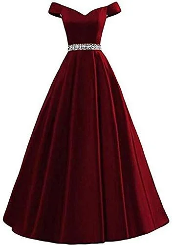 Women's Office Clothing Flowy Fabric A-line Off The Shoulder Satin Long Beaded Bodice Prom Dress  cg7241