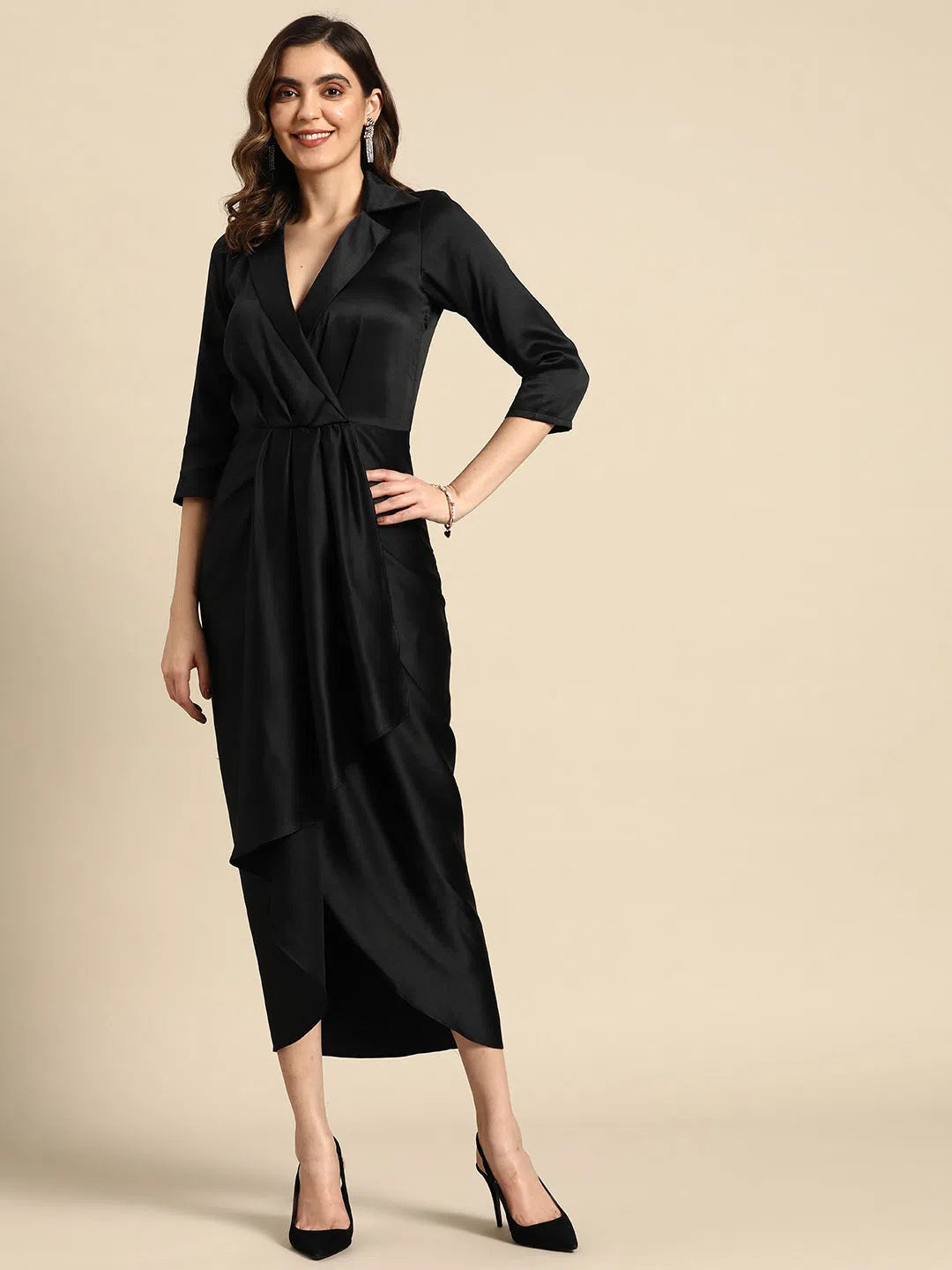 Women's Plus-Size Attire Feminine Elegance Shirt Dress With Front Drape-Tc0521Jbk-S