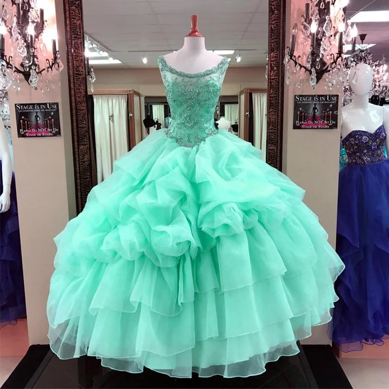 Women's Festive Attire Minimalist Chic Mint Scoop Neck Ball Gown Quinceanera Dress Sweet 16 Dresses with Beading 2018 Debutante Gown