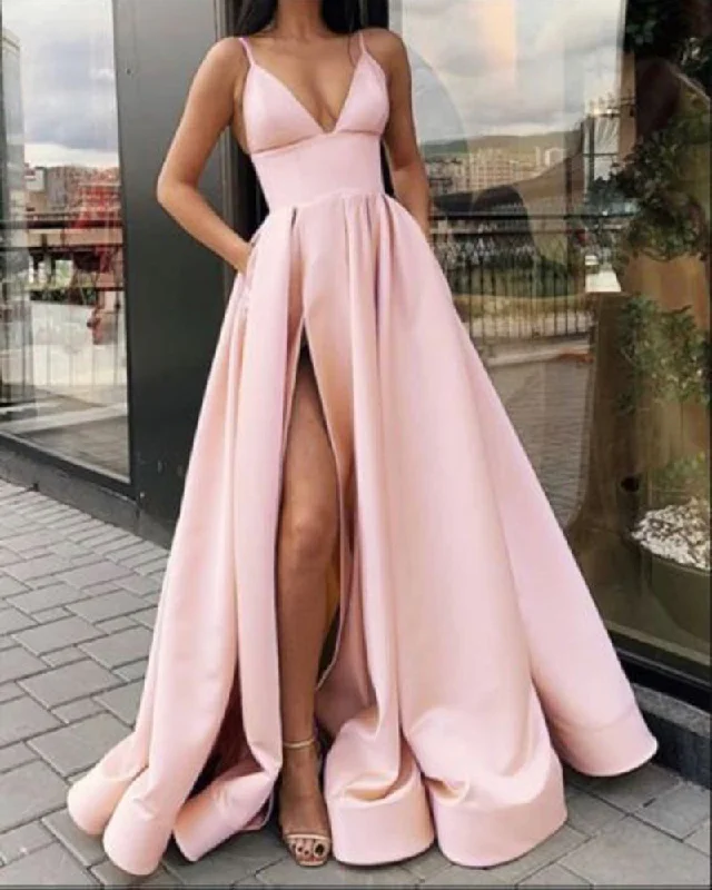 Affordable Women's Outfit Alluring Design New  Spaghetti Straps Pink Evening Dress Gown Long with Slit PL098