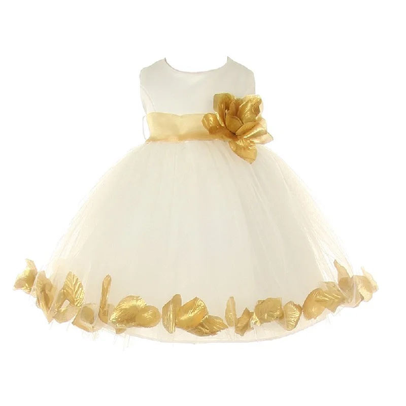 Timeless Women's Garments Alluring Design Baby Girls Ivory Gold Petal Adorned Satin Tulle Flower Girl Dress 6-24M