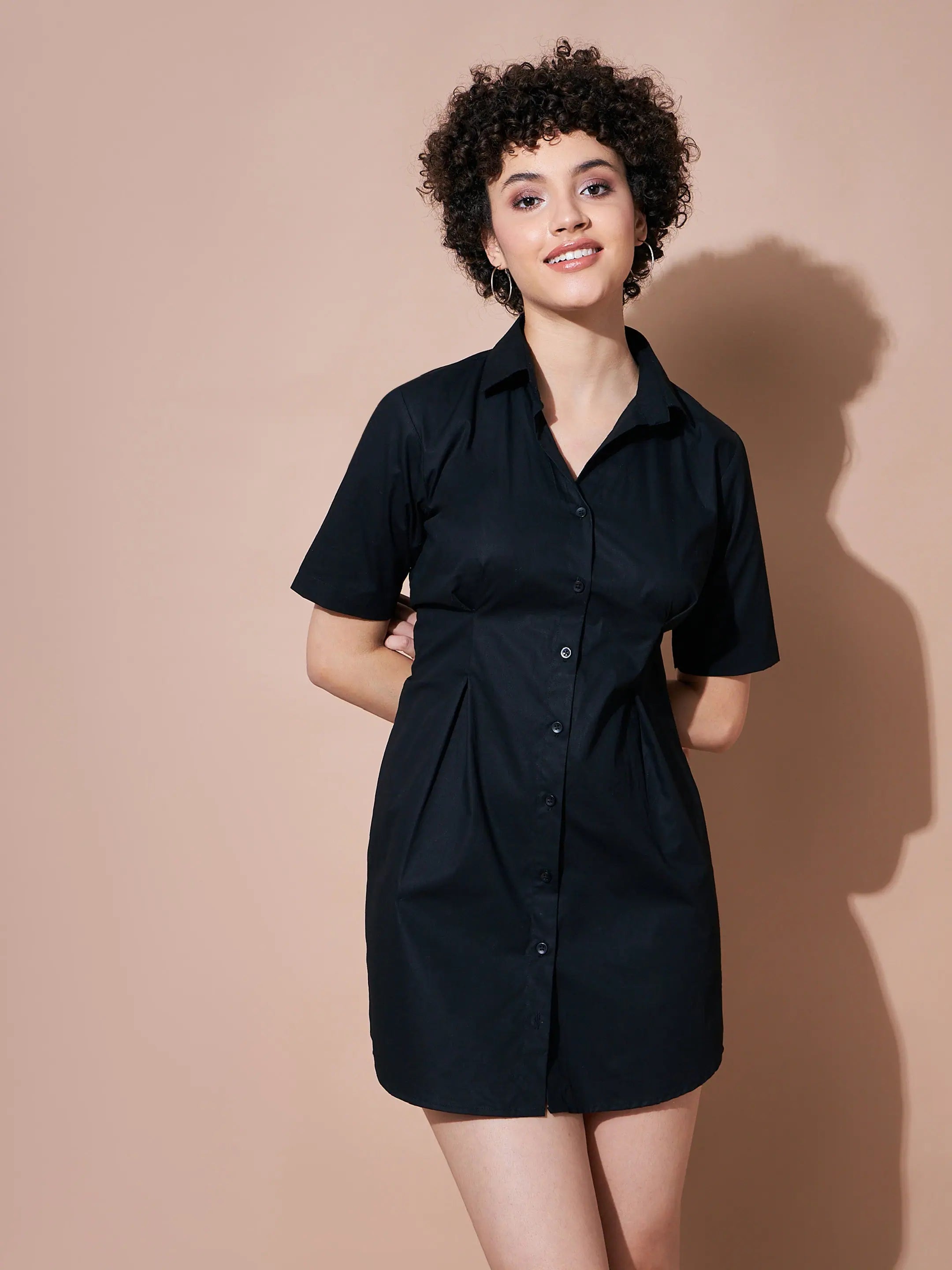 Women's Outerwear Clothing Sleek Design Women Black Cotton Poplin Shirt Dress