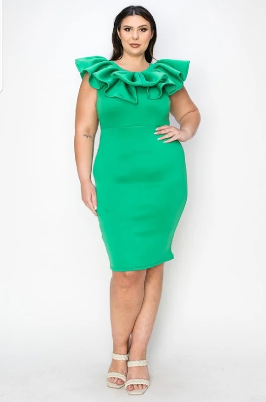 Women's Apparel And Garments Vintage Elegance Plus Size Ruffled Neck Detail Sleeveless Midi Bodycon Dress