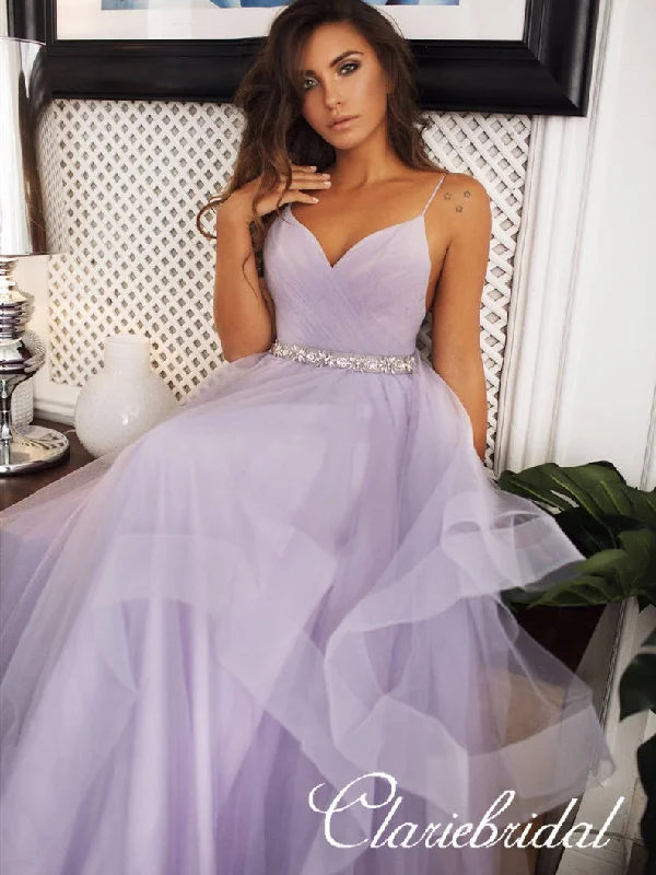 Charming Everyday Clothing For Women Exquisite Craftsmanship Spaghetti Long A-line Lilac Tulle Wedding Dresses, Backless Bridal Gown