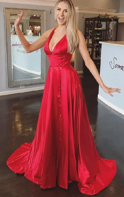 Affordable Women's Attire Exquisite Craftsmanship Deep V Neck Red Satin Long Prom Dress with High Slit   cg11500