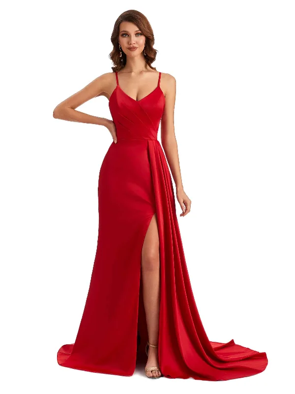 Women's Trendy Outfit Sophisticated Cut Sexy Soft Satin Spaghetti Straps Pleats Side Slit Long Mermaid Bridesmaid Gown