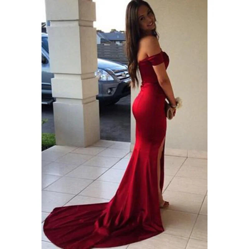 Women's Travel Attire Bohemian Vibe Off The Shoulder Burgundy Fitted Prom Gowns Sexy Split Evening Dresses Long