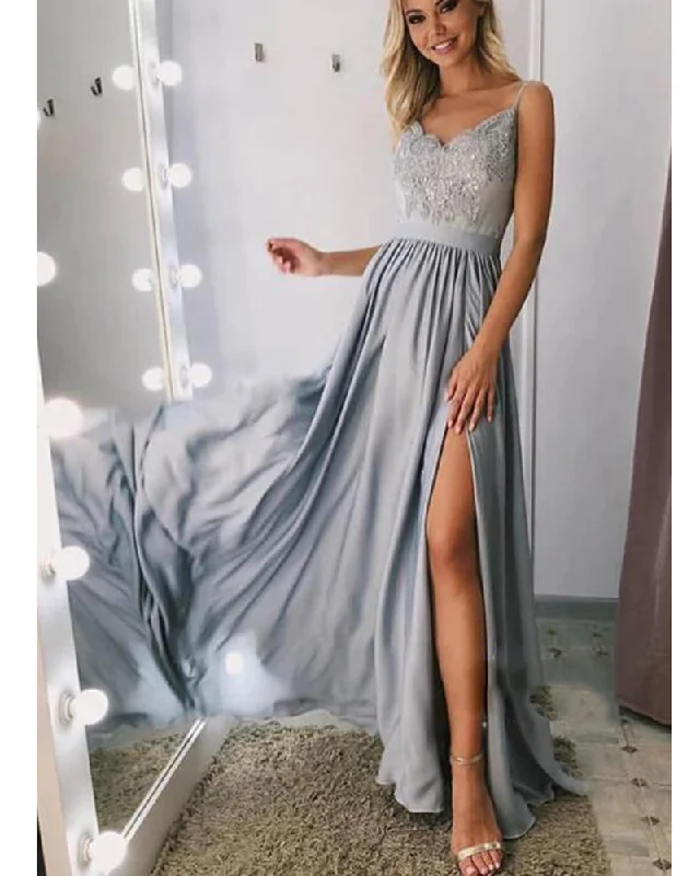 Women's Relaxed Clothes Coastal Beach - Inspired Style SIlver Gray Long Evening Dress with Straps, Women Fomal Split Prom Gown PL0709