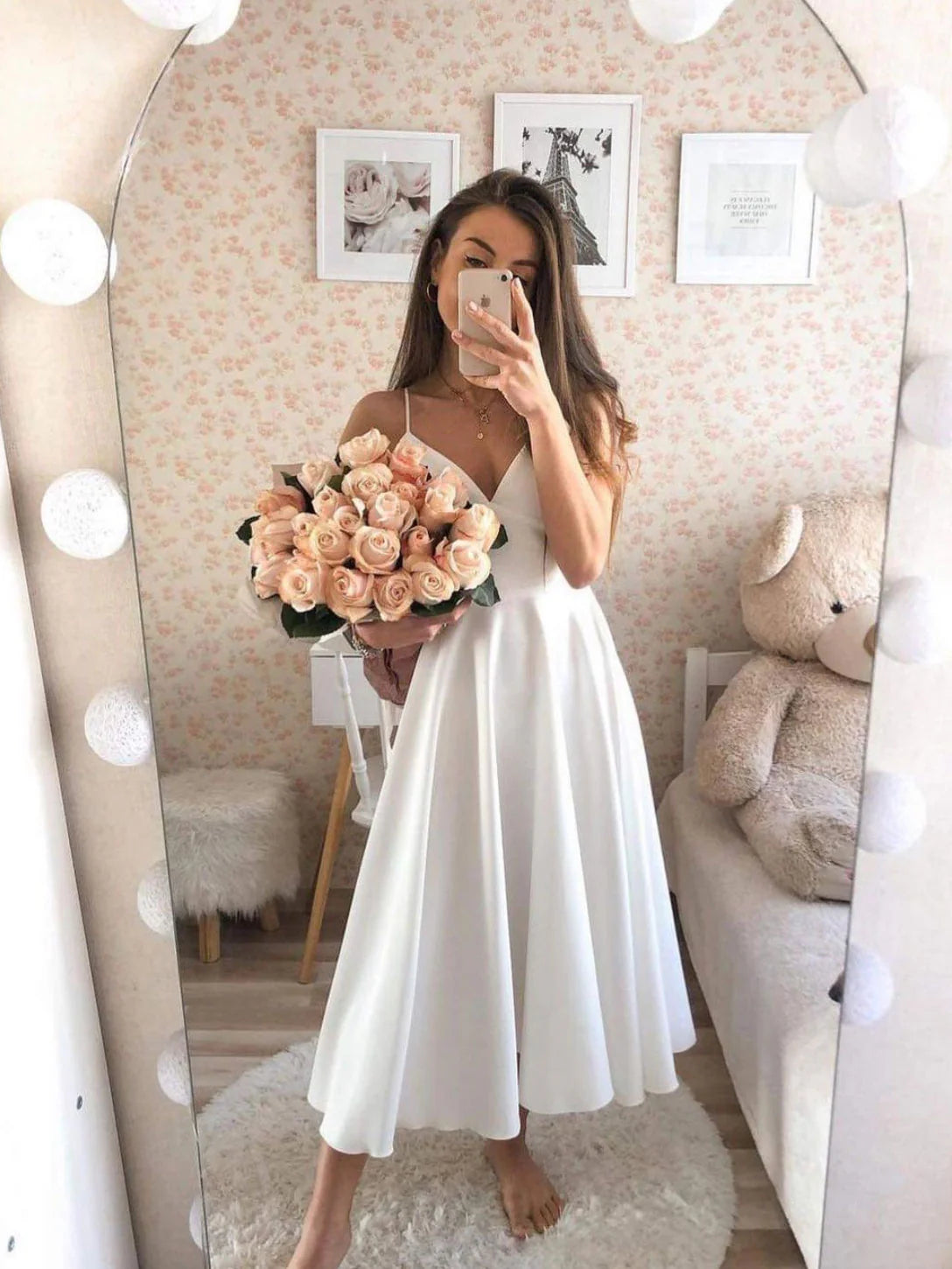 Luxury Women's Clothes Classic Timeless Elegant Style Amzcw White v neck tea length prom dress white satin bridesmaid dress prom dresses shops