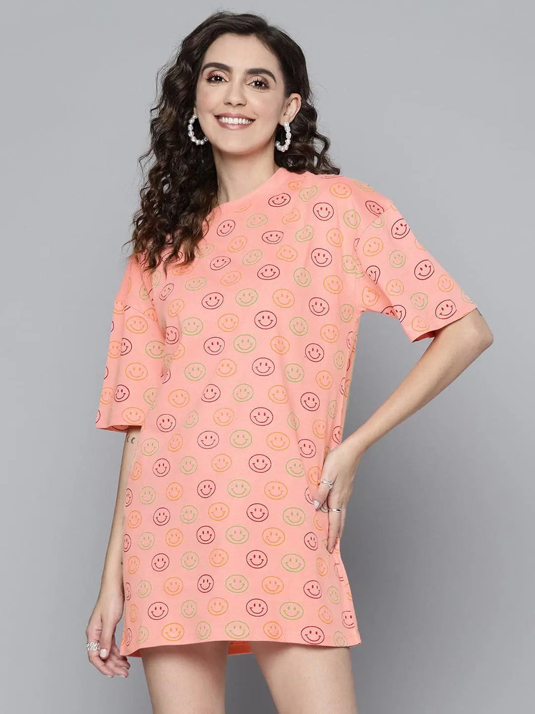 Women's Outfit Alluring Design Women Pink Smiley T-Shirt Dress