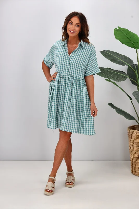 Women's Stylish Casual Garments Disco - Inspired Retro Dance Look Shine On Label Lyra Shirt Dress Teal Gingham