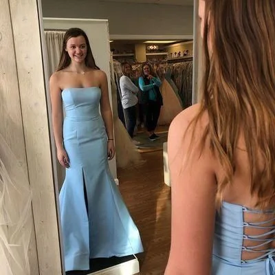 Women's Transitional Attire Romantic Detailing Blue Strapless Satin Mermaid Evening Dress, Formal Slit Trumpet Long Prom Dress   cg10783