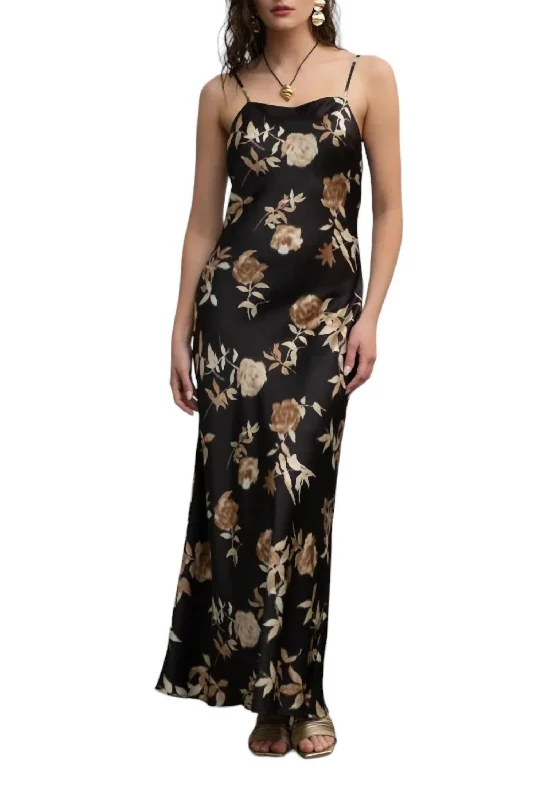 Women's Holiday Clothing Timeless Elegant Floral Satin Cami Dress In Black