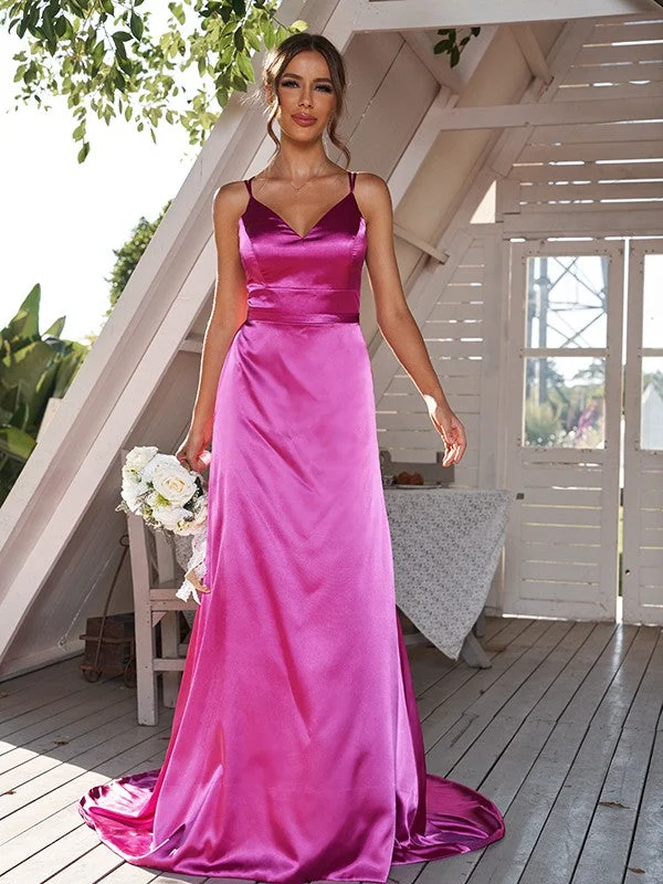 Formal Attire For Women Hollywood Glam Award - Show Style A-Line/Princess Silk like Satin Ruched V-neck Sleeveless Sweep/Brush Train Bridesmaid Dresses